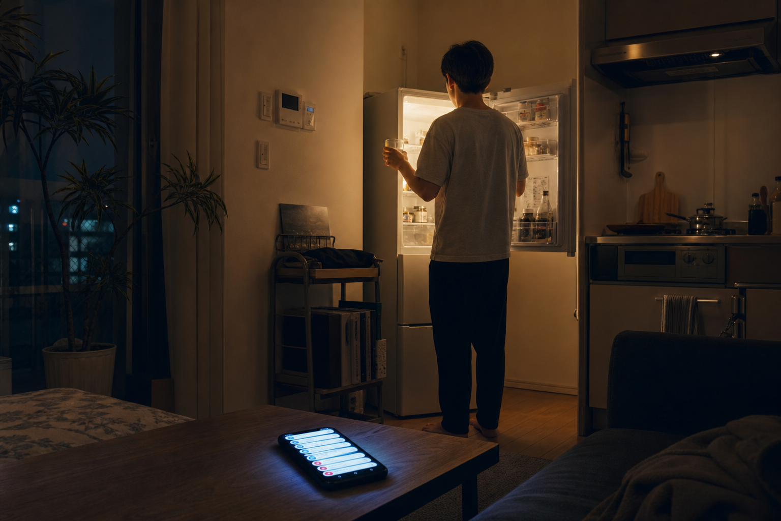 冷蔵庫の前で水を飲む男性と通知が光るスマホ