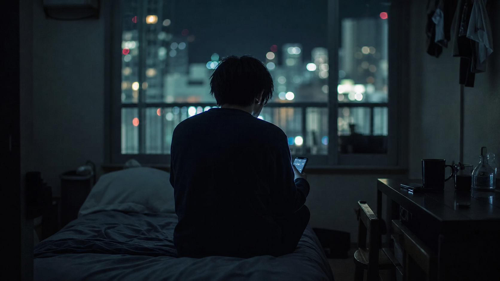 東京の小さな部屋でスマホを見る男性の後ろ姿
